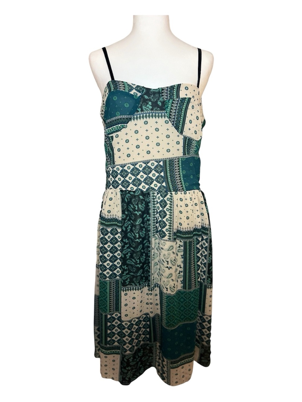 Sleeveless Patchwork Midi Dress in Cream & Teal Plus Size